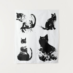 Tenture Chats Aquarelle, Chat Noir, Minimal, Noir & Blanc