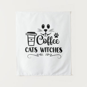 Tenture Chats de café Halloween Sorcières Anniversaire