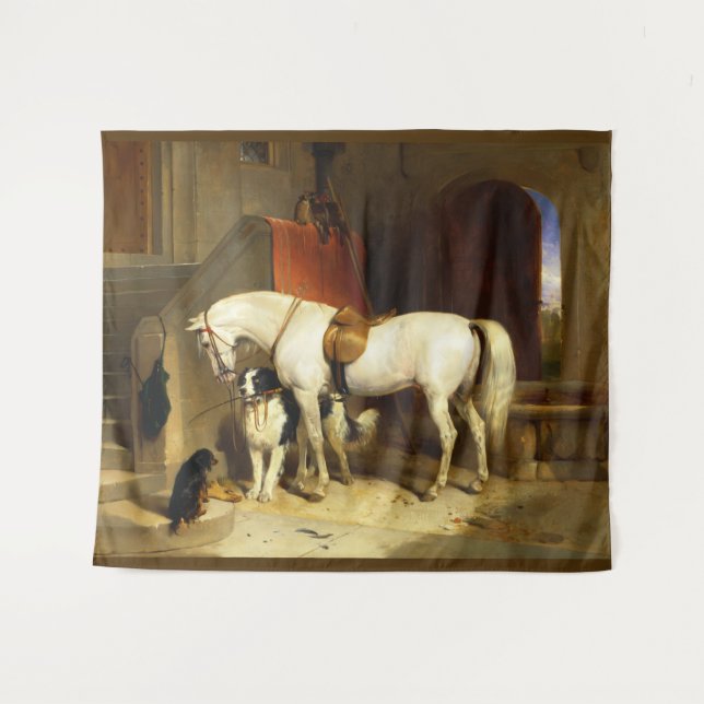 TENTURE CHEVAL BLANC AVEC CHIENS ET FALCONS EN STABLE (Devant (Horizontal))