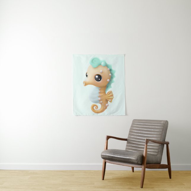 Tenture Cheval de mer bébé mignon en Turquoise et blanc (En situation)