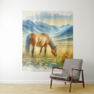 Tenture Cheval sauvage Golden Buckskin à l'aquarelle sur