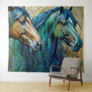 Tenture Chevaux Turquoise bleu vert brun