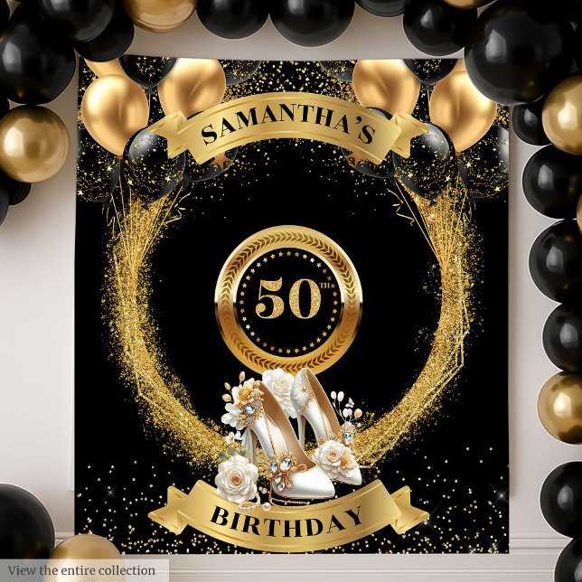 Tenture Chic 50e Anniversaire Bannière Gold Parties scinti (Chic 50th Birthday Banner Gold Glitter Heels Tapestry)