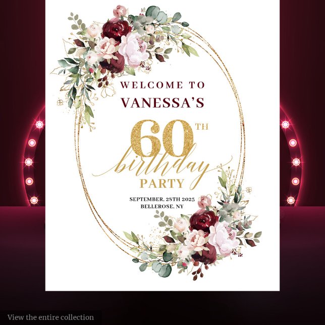 Tenture Chic Boho Burgundy Gold Eucalyptus 60th Backdrop (Chic Boho Burgundy Gold Eucalyptus 60th Backdrop)