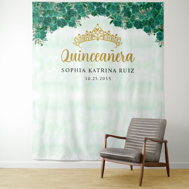 Tenture Chic Vert Floral Tiara Quinceanera Fond photo (En situation)
