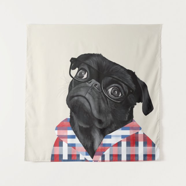 Tenture Chien De Carlin Noir Avec Lunettes Et Chemise (Devant)