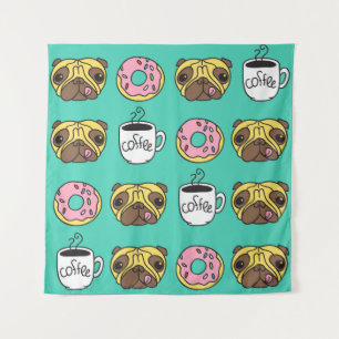 Tenture Chiens amusants, beignets, motif de café.