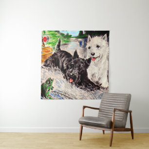 Tenture Chiens écossais Blackie et Whitie Fishing