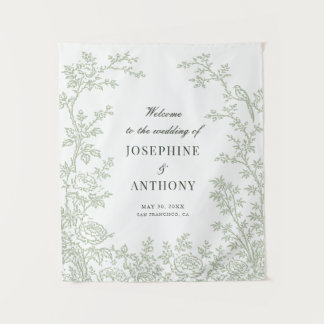 Tenture Chinoiserie Bienvenue Mariage Floral Vert Sauge