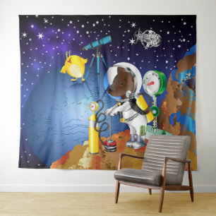 Tenture Chiot dans l'espace un alien avec un télescope