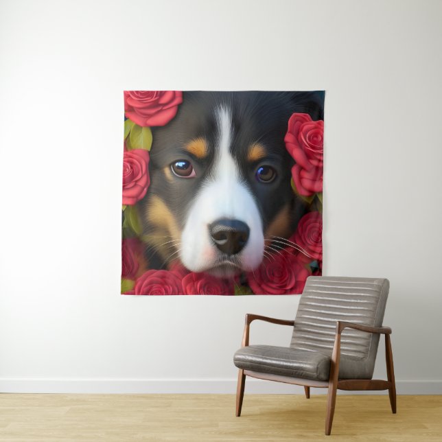 Tenture Chiot de Corgi en roses rouges (En situation)