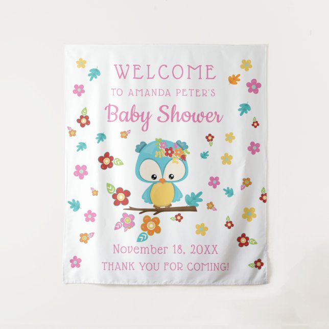 Tenture Chouette boisée mignonne et fleurs Baby shower béb (Devant)
