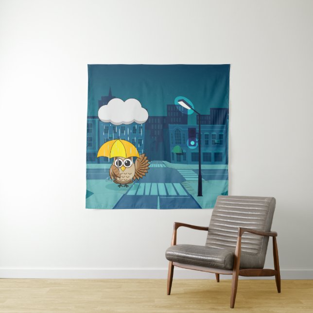 Tenture Chouette mignonne avec parapluie le jour de la plu (En situation)