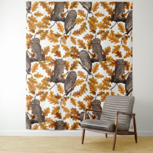 Tenture Chouettes d'automne sur coton blanc