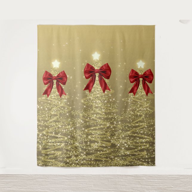 Tenture Christmas Sparkling Trees Gold Faux Red Bow  (Devant)