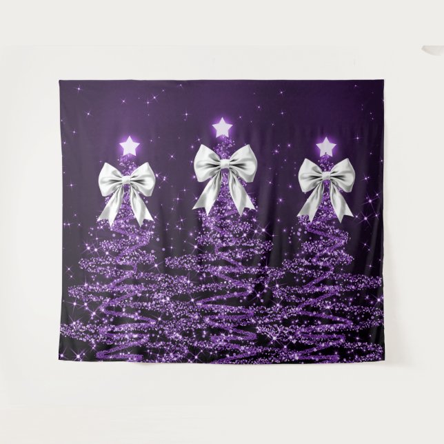 Tenture Christmas Sparkling Trees Purple Faux Silver Bow  (Devant (Horizontal))