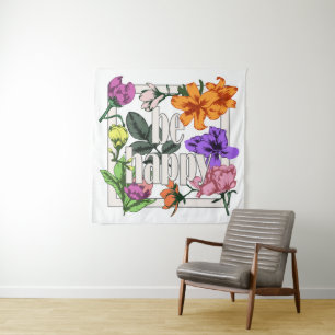 Tenture Citation positive Be Happy and garden flowers