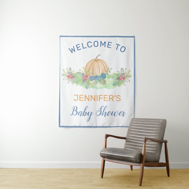 Tenture Citrouille Bleu Chute Florale Baby shower Bienvenu (En situation)