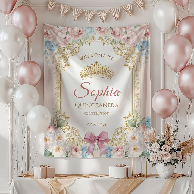 Tenture Classe Accueil Quinceanera Floral avec Nœud Rose (Classy Pink Blue Floral Quinceanera Welcome Tapestry)