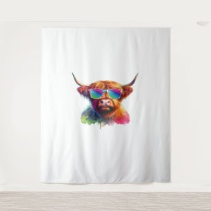 Tenture Classe Scottish Highland Cow, Cowboy Boots & Flowe