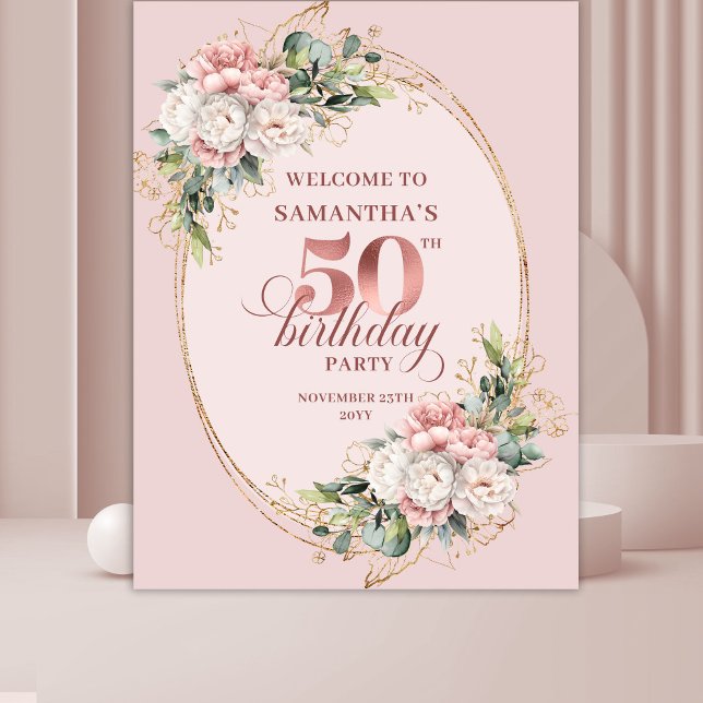 Tenture Classic Rose Gold Blush 50th Birthday Photo Banner (Classic Rose Gold Blush 50th Birthday Photo Banner)