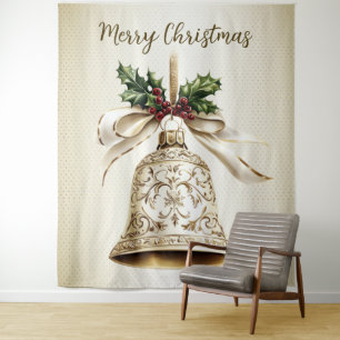 Tenture Cloche de Noël dorée Étoiles brillantes Feuilles v