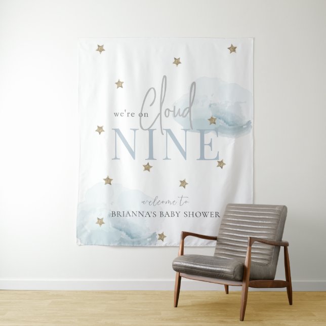 Tenture Cloud 9 Gold Stars Baby shower bleu Bienvenue (En situation)