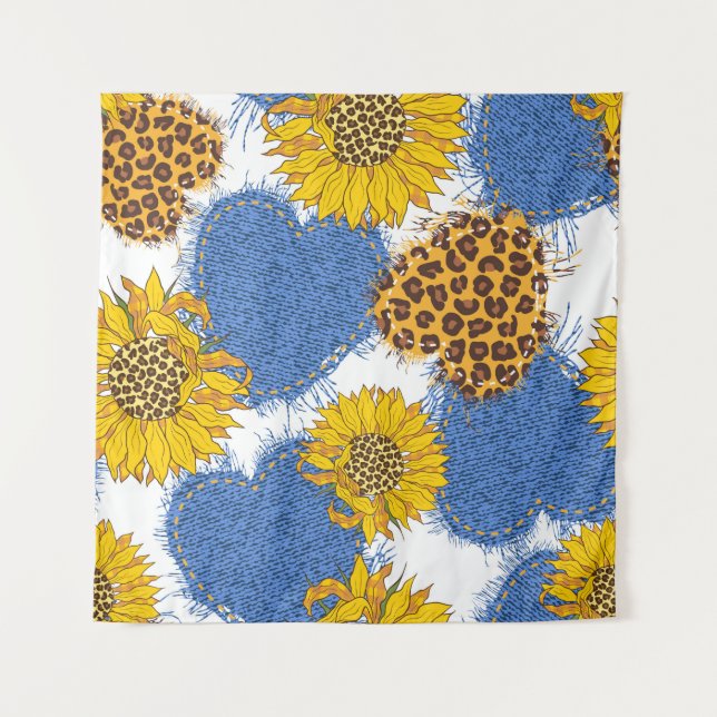 Tenture Coeurs Denim en tissu avec bords déchirés et le (Devant)