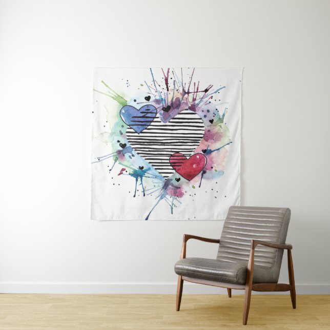 Tenture Coeurs Et Lavages Dans L'Aquarelle (En situation)
