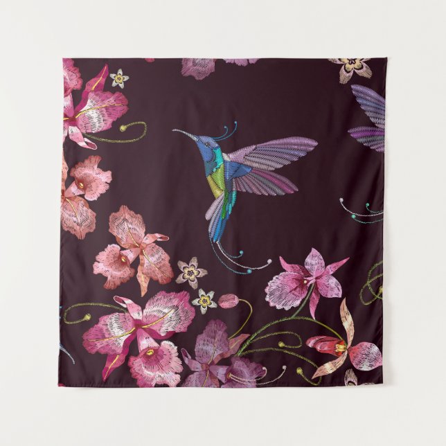 Tenture Colibri et orchidée, mode sans couture tropicale. (Devant)
