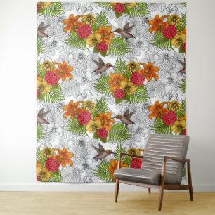 Tenture Colibris et bouquet tropical