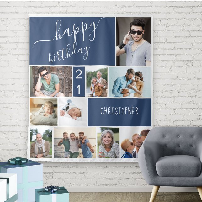 Tenture Collage de 10 Photos Personnalisé Bleu Tout Âge (Créateur téléchargé)