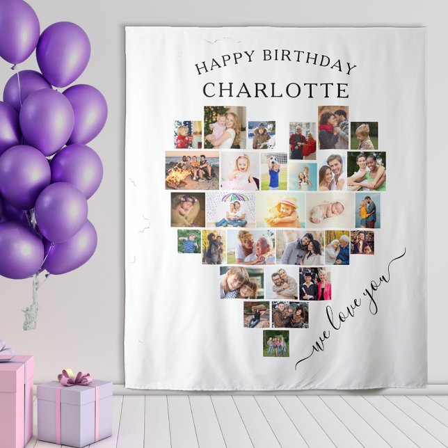 Tenture Collage Photo de Coeur Personnalisé Joyeux Anniver (Créateur téléchargé)