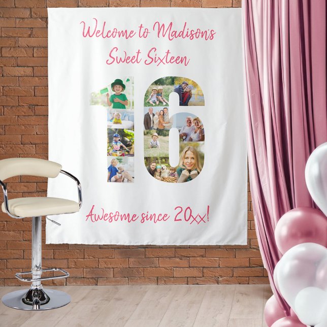 Tenture Collage photo de fête des 16 ans Fond rose (Créateur téléchargé)