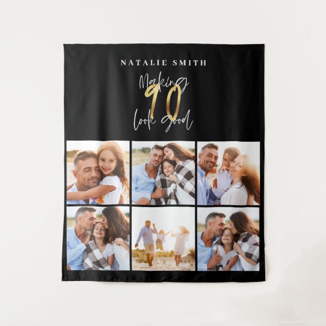 Tenture Collage photo noir et or 90e anniversaire moderne (Devant)
