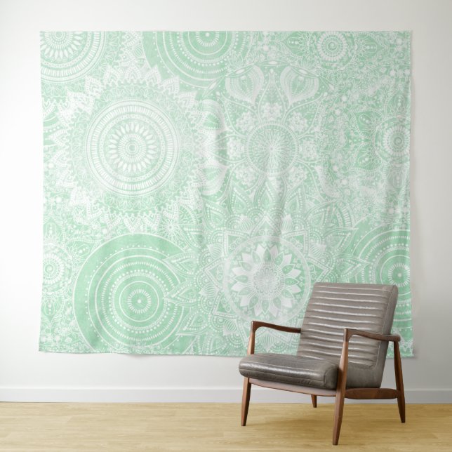 Tenture Collection Mandala blanche Design vert (En situation (horizontale))