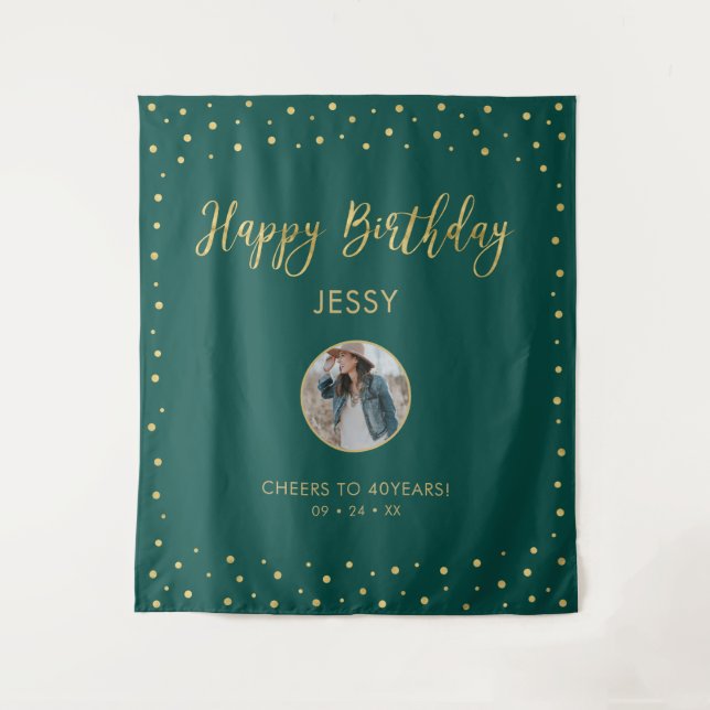 Tenture Confettis dorés et verts | Photo Joyeux Anniversai (Devant)