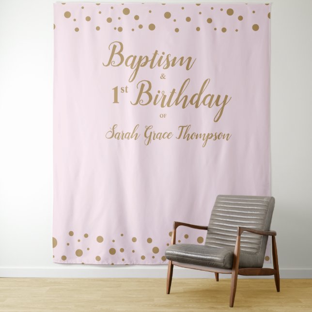 Tenture Confettis Simples Rose Baptême et 1er anniversaire (En situation)