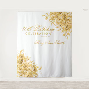 Tenture Contexte 50e fête d'anniversaire Floral Gold & Whi