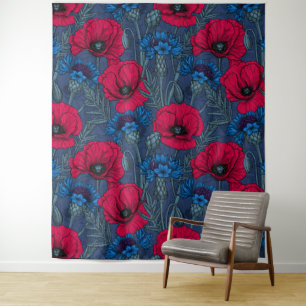 Tenture Coquelicots rouges et fleurs bleues sur bleu