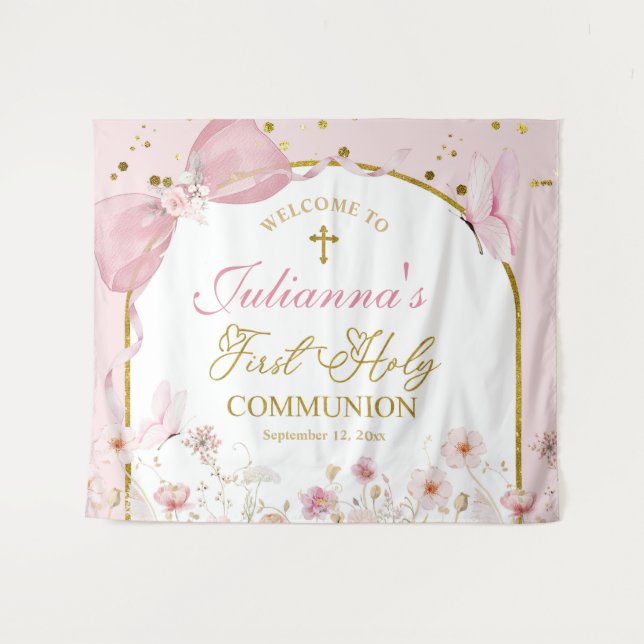 Tenture Coquette Blush Pink Butterfly First Holy Communion (Devant (Horizontal))