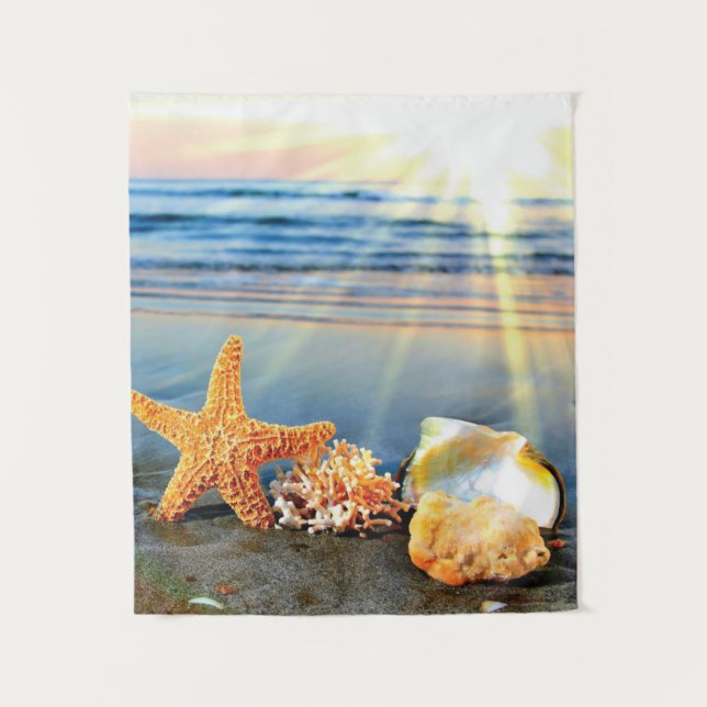 Tenture Coquillages marins et étoiles de mer sur la plage (Devant)
