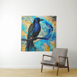 Tenture Corbeau bleu noir sur fond abstrait bleu et or