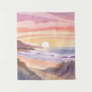 Tenture Coucher de soleil sur la mer rose Peinture aquar