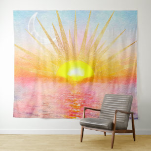 Tenture Coucher d'or Soleil Mandala Aquarelle Mer
