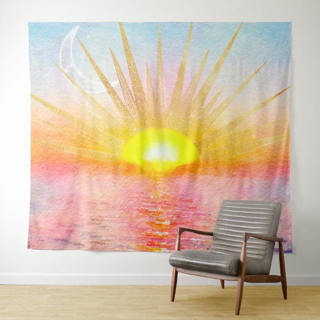 Tenture Coucher d'or Soleil Mandala Aquarelle Mer (En situation (horizontale))