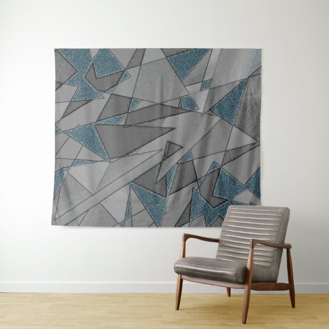 Tenture Coupes triangulaires gris avec des pièces bleues f (En situation (horizontale))