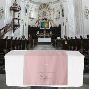 Tenture Coureur de table baptême croix fille rose