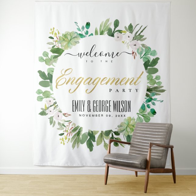 Tenture COURONNE DE FEUILLAGE VERT Aquarelle BIENVENUE ENG (En situation)