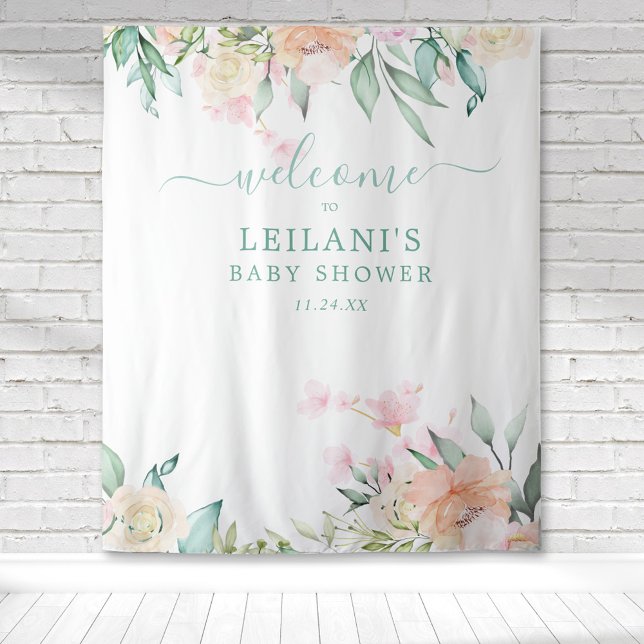 Tenture Couronne de fleurs aquarelle pastel botanique Bien (Pastel watercolor floral botanical welcome baby shower tapestry photo op background.)